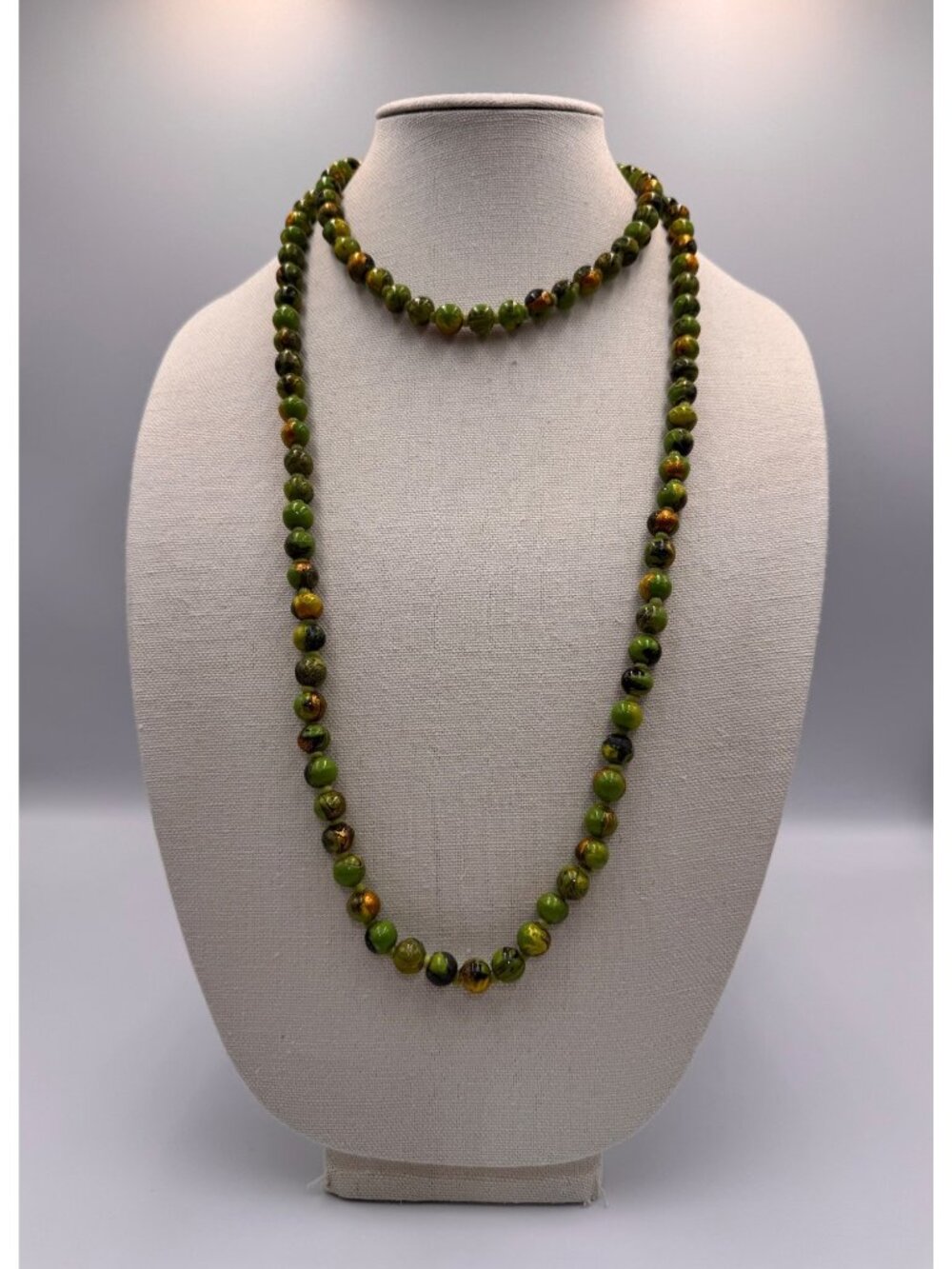 Long Paper Mache Bead Necklace 51” Green Gold Marbled Boho Artisan Style